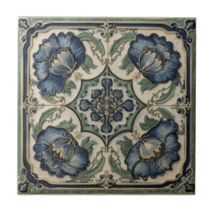 Azulejo Antiguo Arte Nouveau azul Amapolas Floral