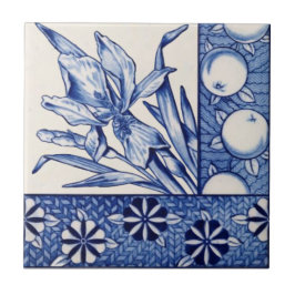 Azulejo Antiguo botánico repro estético azul blanco