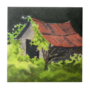 Azulejo Antiguo cobertizo con viñas y un oscuro cielo torm