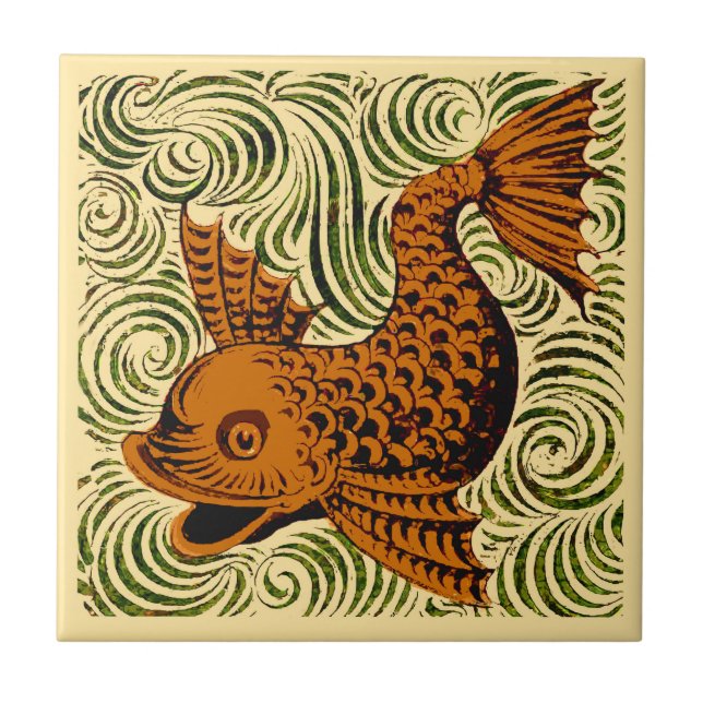 Azulejo Antiguo de Pescado arte antiguo de morgan  (Frente)