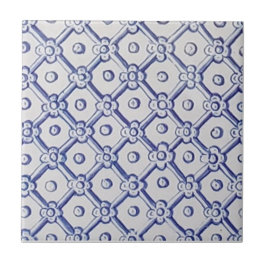 Azulejo Antiguo Delft Tile-Blue y White Trellis