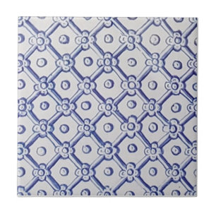 Azulejo Antiguo Delft Tile-Blue y White Trellis