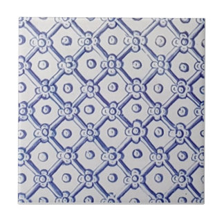 Azulejo Antiguo Delft Tile-Blue y White Trellis