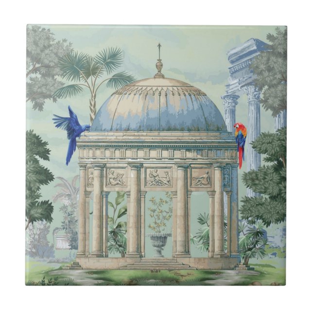 Azulejo Antiguo jardín griego de templos Macaw Pixie verde (Frente)