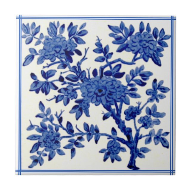 Azulejo Antiguo Minton Azul Blanco Estético Floral Repro (Frente)
