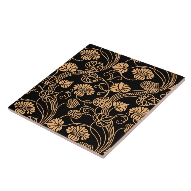 Azulejo Antiguo Naranja de patrones florales en negro (Lado)