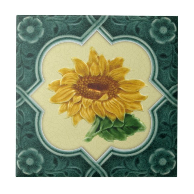 Azulejo Antiguo Repro Faux Relief Verde azulado Girasol en (Frente)