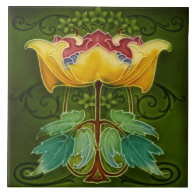 Azulejo Antiguo Rhodes c1900 Floral Art Nouveau Majolica (Frente)