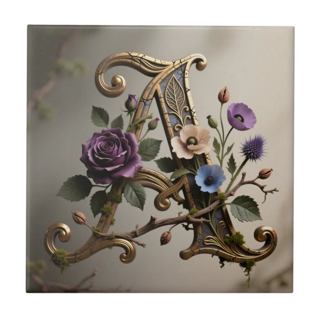 Azulejo Antique Floral Gold Letter A Monogram (Frente)
