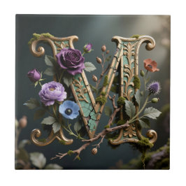 Azulejo Antique Floral Gold Letter M Monogram