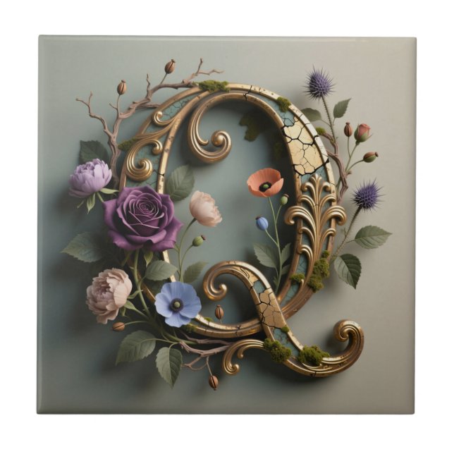 Azulejo Antique Floral Gold Letter Q Monogram (Frente)