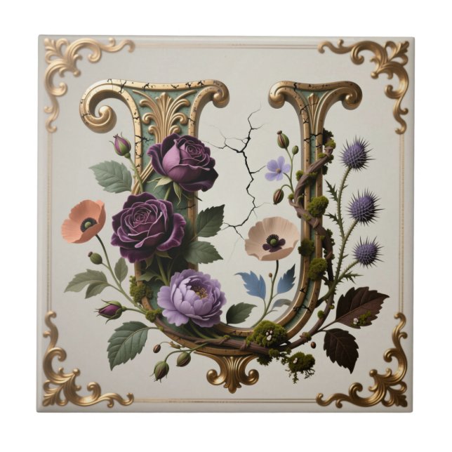 Azulejo Antique Floral Gold Letter U Monogram (Frente)