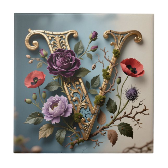 Azulejo Antique Floral Gold Letter V Monogram (Frente)