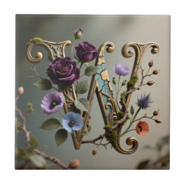 Azulejo Antique Floral Gold Letter W Monogram