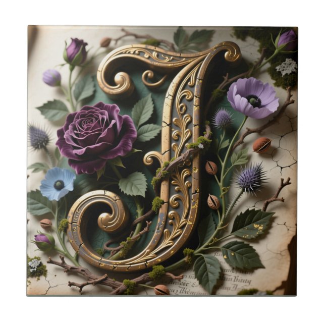 Azulejo Antique Floral Gold Patina Letter J (Frente)