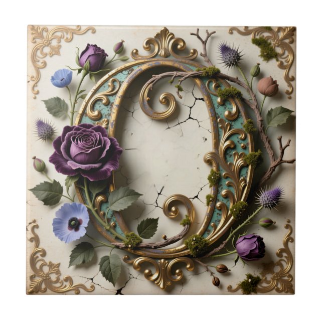 Azulejo Antique Floral Gold Patina Letter O (Frente)