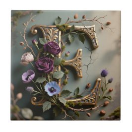 Azulejo Antique Floral Gold Teal Letter E