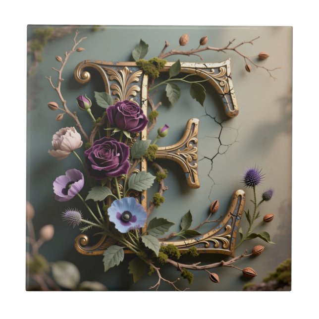 Azulejo Antique Floral Gold Teal Letter E (Frente)
