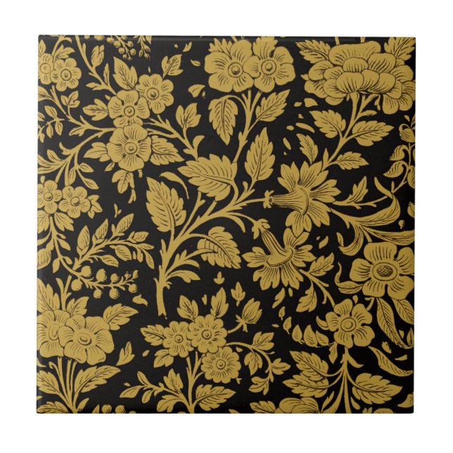 Azulejo Antique Gold Floral Indian Lac-work Black Pattern (Frente)