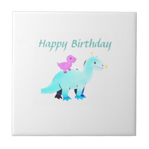 Azulejo Anuncio de cumpleaños de dinosaurio con acuarela a