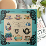 Azulejo Anuncio de tetera y té de época verde azulado marr<br><div class="desc">Este diseño cuenta con un anuncio publicitario de una antigua empresa de té. Es un collage de tazas de té vintage, maceta de té y flores. Añadí un recorte victoriano para darle ese toque final. Realizado en colores verde azulados, negros, crema, dorado y una variedad de estilos y colores de...</div>