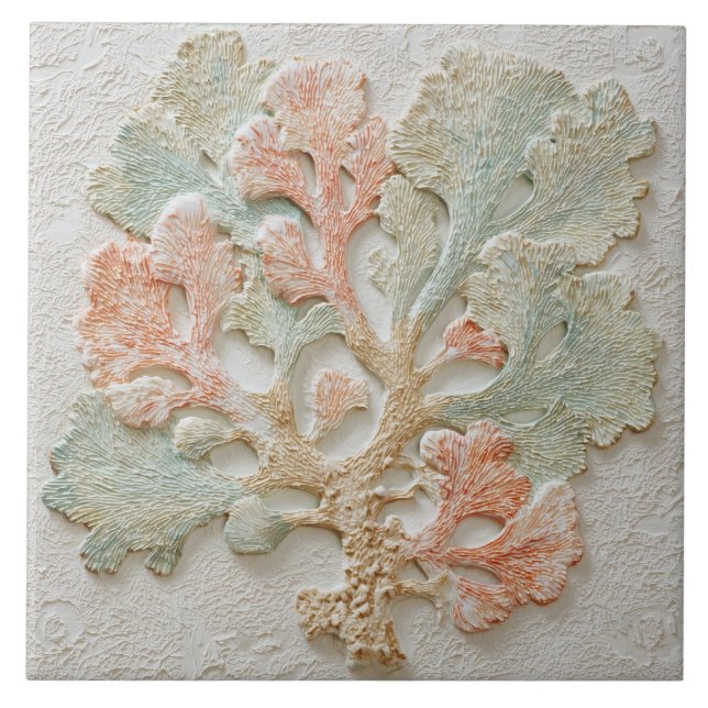Azulejo Aqua and Coral Coastal Sea Branch Art (Frente)