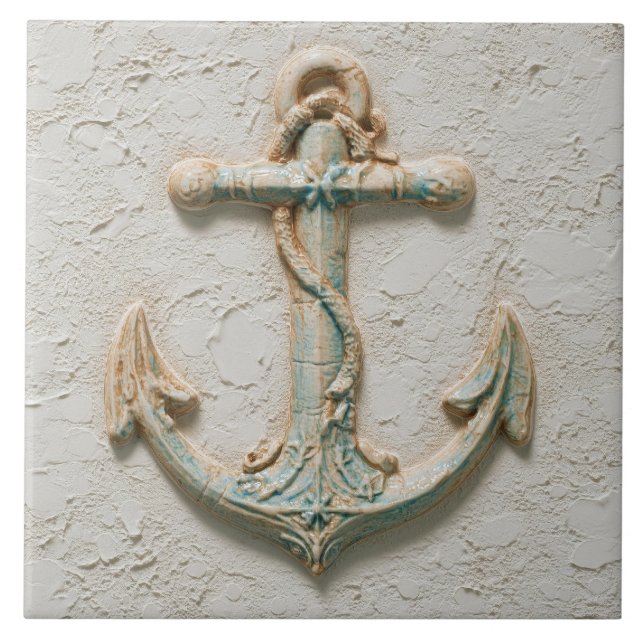 Azulejo Aqua and Sand Coastal Anchor Art (Frente)