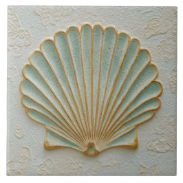 Azulejo Aqua and Sand Coastal Scallop Shell
