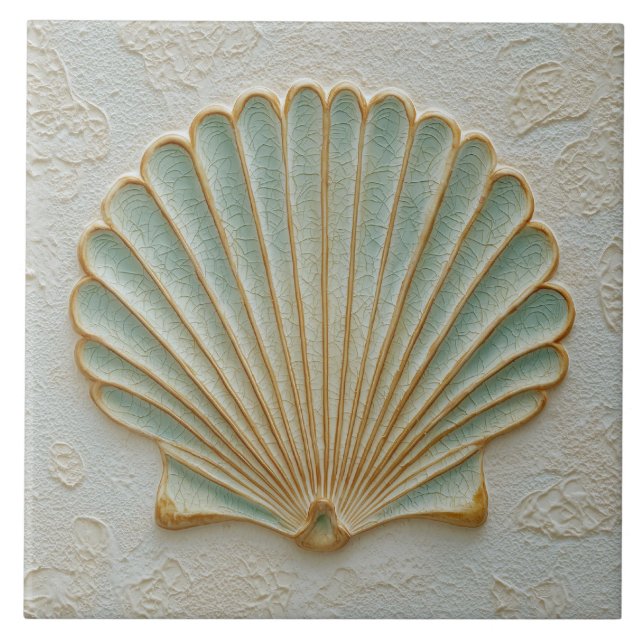 Azulejo Aqua and Sand Coastal Scallop Shell (Frente)