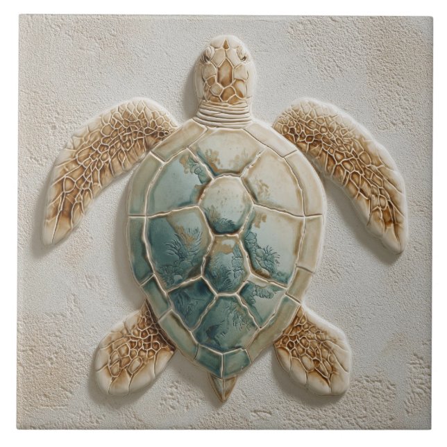 Azulejo Aqua and Sand Coastal Sea Turtle Art (Frente)