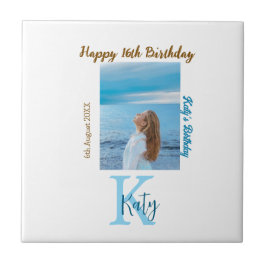 Azulejo Aqua azul marrón feliz nombre de foto de 16 años