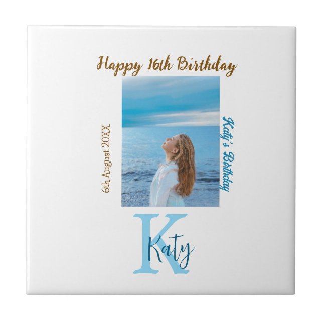 Azulejo Aqua azul marrón feliz nombre de foto de 16 años (Frente)