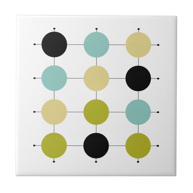Azulejo Aqua Blue Green Yellow Black Circles Mid Century (Frente)