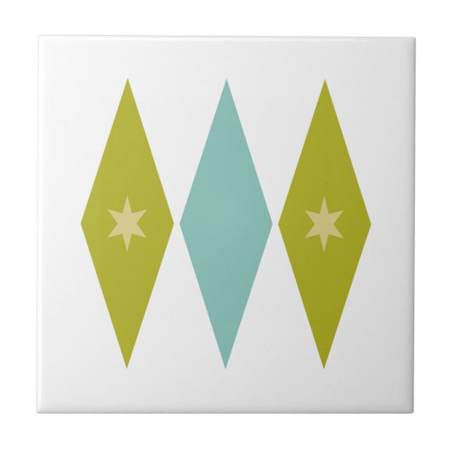 Azulejo Aqua Blue Green Yellow Diamonds Stars Mid Century (Frente)