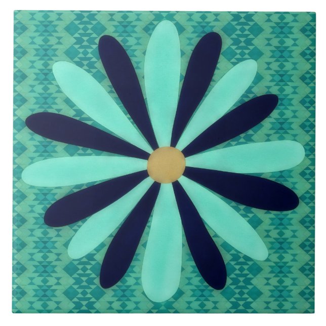 Azulejo Aqua Blue Southwestern Style Flower Art Decorative (Frente)