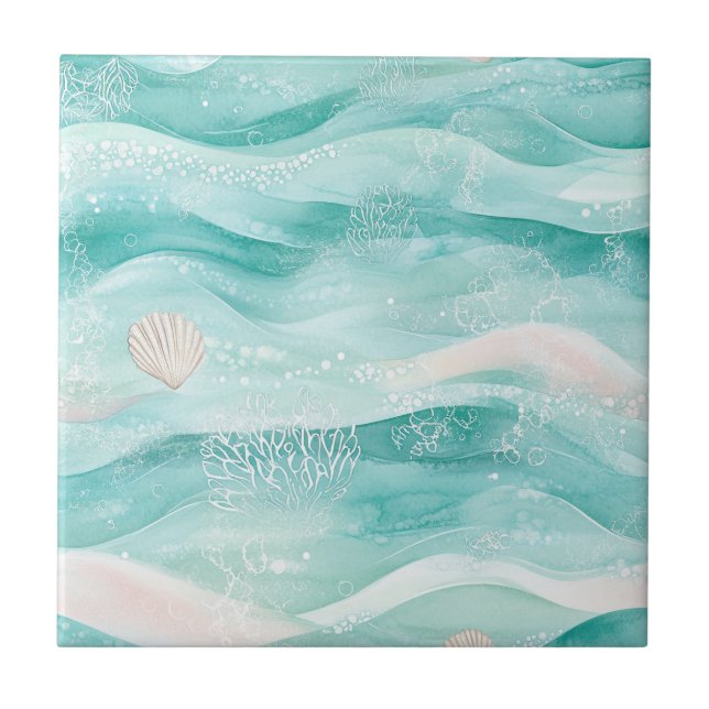 Azulejo Aqua Ocean Waves & Seashell Pattern (2) (Frente)