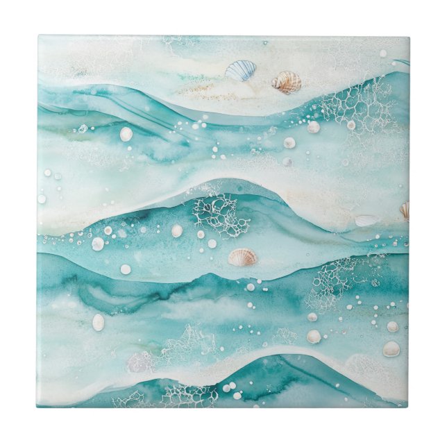 Azulejo Aqua Ocean Waves & Seashell Pattern (5) (Frente)
