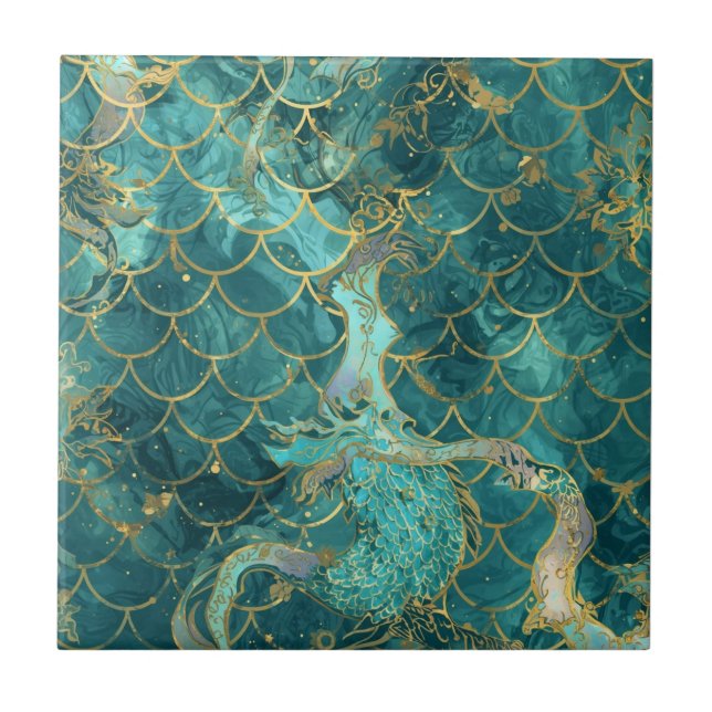 Azulejo Aqua Pearlescent & Gold Mermaid Scale Pattern  (Frente)