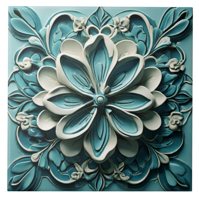 Azulejo Aqua Turquoise Verde azulada Faux Relief Flor Flor (Frente)