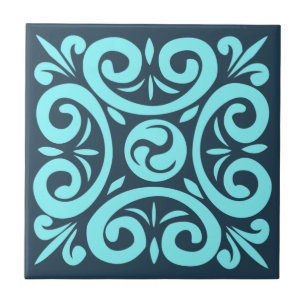 Azulejo Aqua y Black en Blue Intricate Floral Pattern