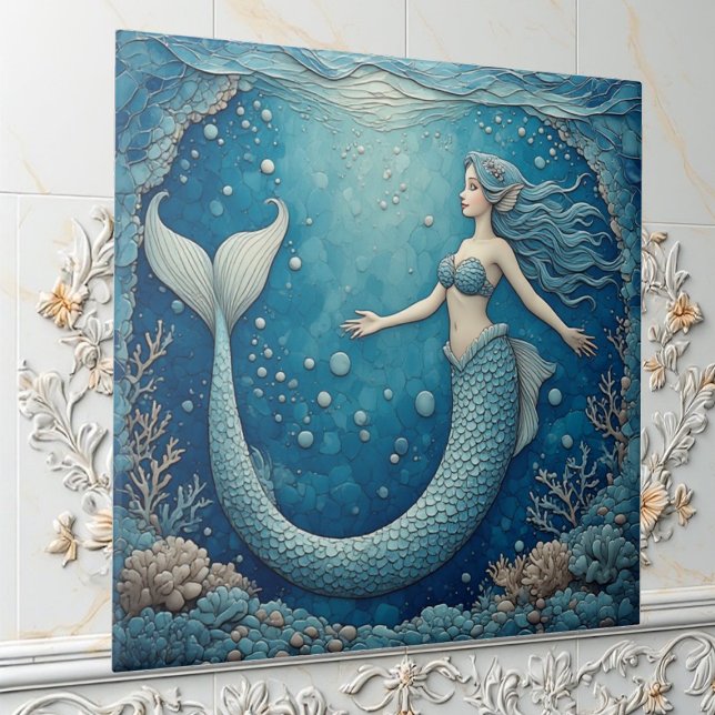 Azulejo Aquamarine Mermaid Ocean Mosaic Iridescent Alcove  (Aquamarine Mermaid Ocean Mosaic Iridescent Alcove Ceramic Tile)