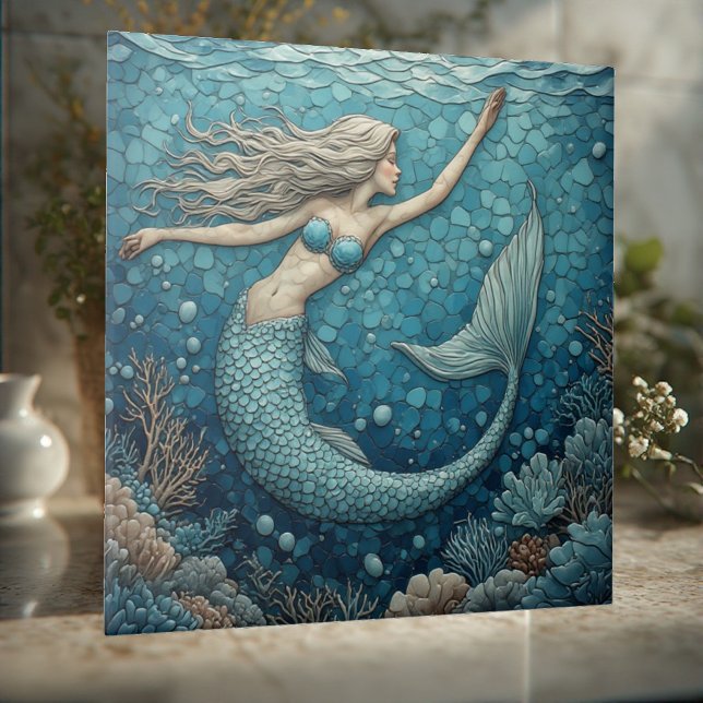 Azulejo Aquamarine Mermaid Ocean Mosaic Luminous Coral Art (Aquamarine Mermaid Ocean Mosaic Luminous Coral Art Ceramic Tile)