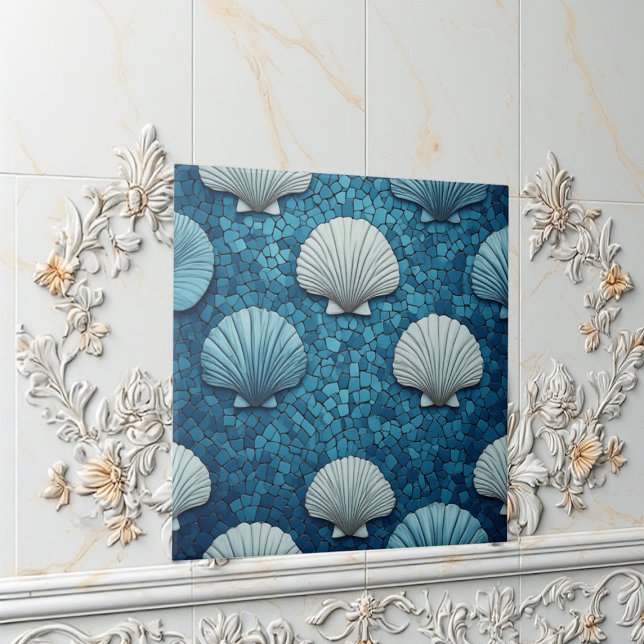 Azulejo Aquamarine Seashells Mosaic Blue Ocean Marine Life (Aquamarine Seashells Mosaic Blue Ocean Marine Life Ceramic Tile)