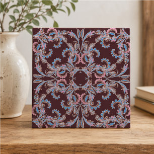 Azulejo Arabesco Rosa y Azul Vintage sobre Burgund