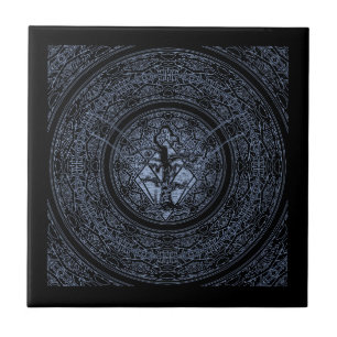 Azulejo Árbol abstracto negativo azul y negro antiguo con 