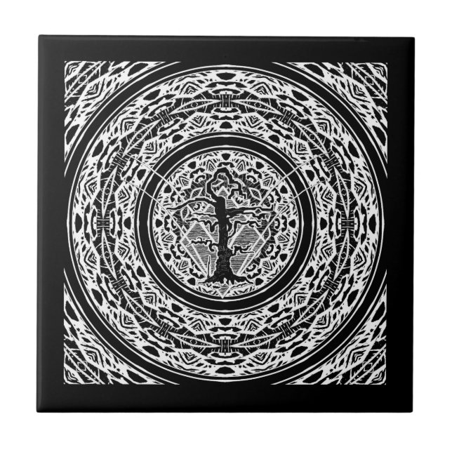 Azulejo Árbol abstracto viejo con hilo negro y blanco (Frente)