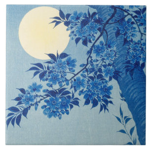 Azulejo Árbol azul bajo la luz de la luna: noche de flor d