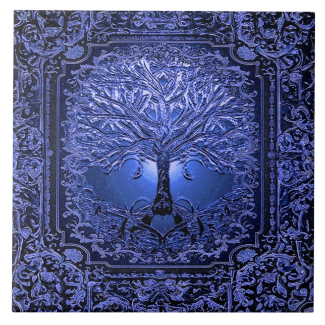 Azulejo Árbol azul de la vida Rústico antiguo (Frente)