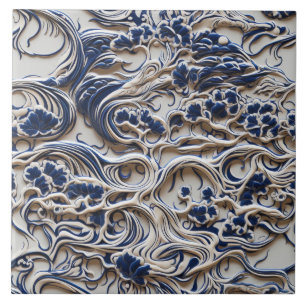 Azulejo Árbol azul y blanco 3D, continuo, formas orgánicas