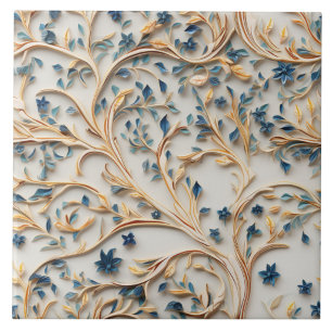 Azulejo Árbol azul y dorado, estilo tallado en madera